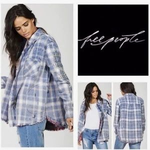 Free People Deconstructed Distressed Plaid Shirt Jacket Studded Zip